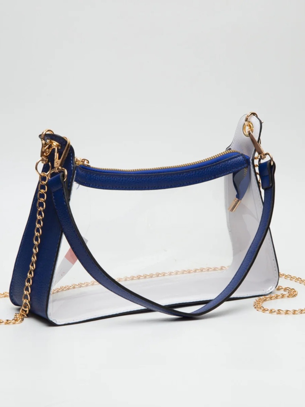 Clear Crossbody Bag with Navy Trim and Gold Chain